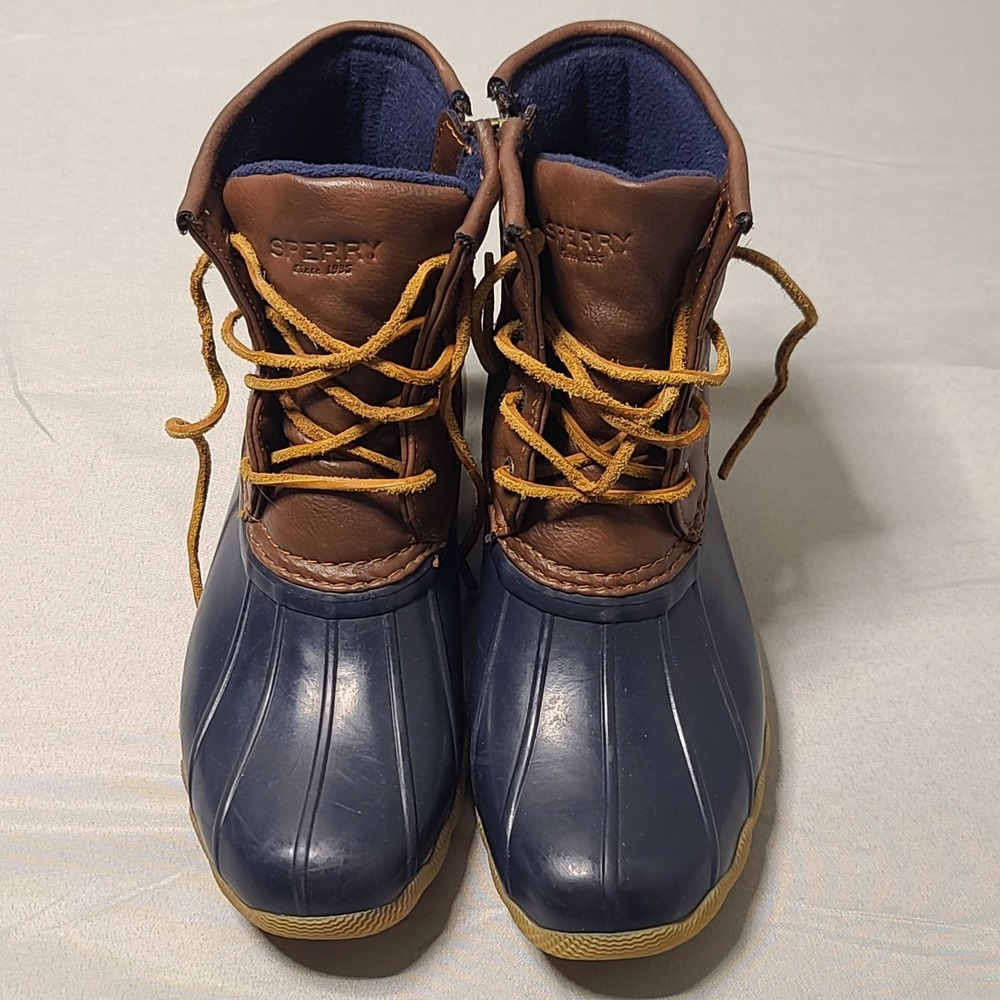 Sperry Saltwater Duck Boots Girls US 4 Navy Brown Waterproof Lace Up Winter